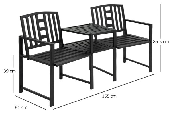 Outsunny Patio Tete-a-tete Chair 2 Seat Bench Middle Coffee Table w/ Umbrella Hole for Outdoors Decorative Slatted Design Steel Frame Black
