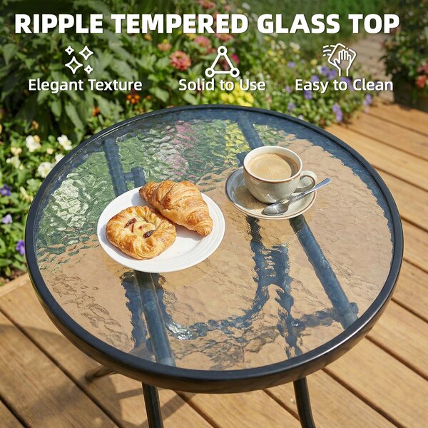 Outsunny Folding Garden Table: Portable Round Glass-Top with Safety Buckle, Indoor & Outdoor Use, Jet Black Aosom UK