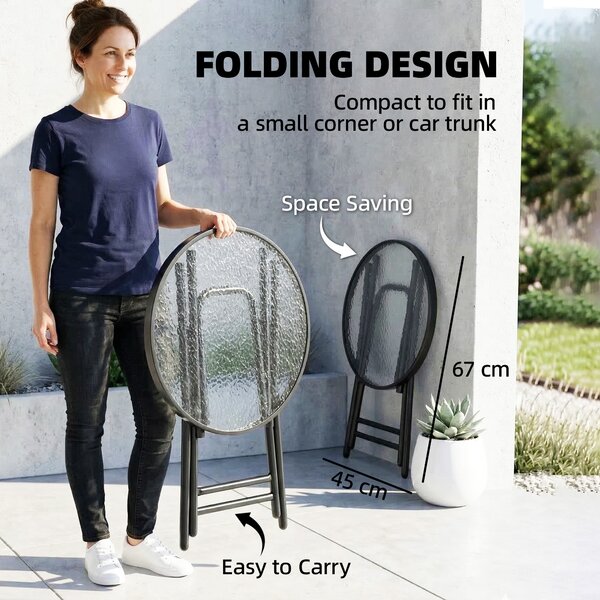 Outsunny Folding Garden Table: Portable Round Glass-Top with Safety Buckle, Indoor & Outdoor Use, Jet Black Aosom UK