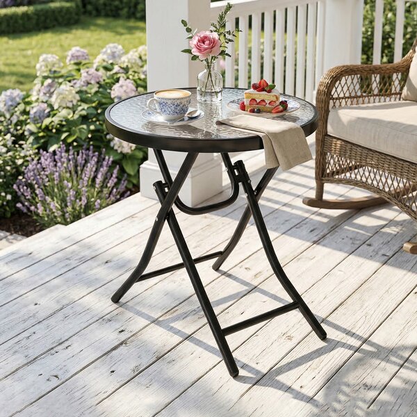 Outsunny Folding Garden Table: Portable Round Glass-Top with Safety Buckle, Indoor & Outdoor Use, Jet Black Aosom UK