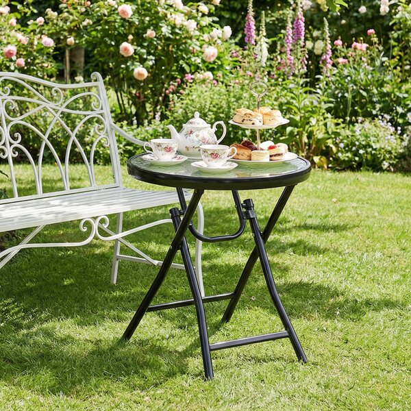 Outsunny Folding Garden Table: Portable Round Glass-Top with Safety Buckle, Indoor & Outdoor Use, Jet Black Aosom UK