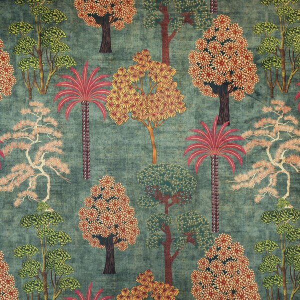 Linda Barker Bonsai Garden Velvet Print Fabric Green Grey