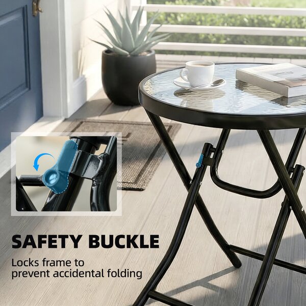 Outsunny Folding Garden Table: Portable Round Glass-Top with Safety Buckle, Indoor & Outdoor Use, Jet Black Aosom UK