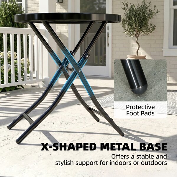 Outsunny Folding Garden Table: Portable Round Glass-Top with Safety Buckle, Indoor & Outdoor Use, Jet Black Aosom UK