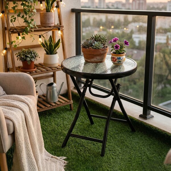 Outsunny Folding Garden Table: Portable Round Glass-Top with Safety Buckle, Indoor & Outdoor Use, Jet Black Aosom UK