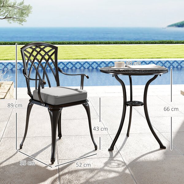 Outsunny 3 Piece Cast Aluminium Garden Bistro Set for 2, Outdoor Coffee Table Set Rust Resistant with Parasol Hole for Garden, Balcony, Black