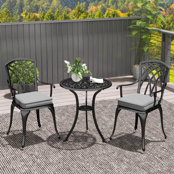 Outsunny 3 Piece Cast Aluminium Garden Bistro Set for 2, Outdoor Coffee Table Set Rust Resistant with Parasol Hole for Garden, Balcony, Black