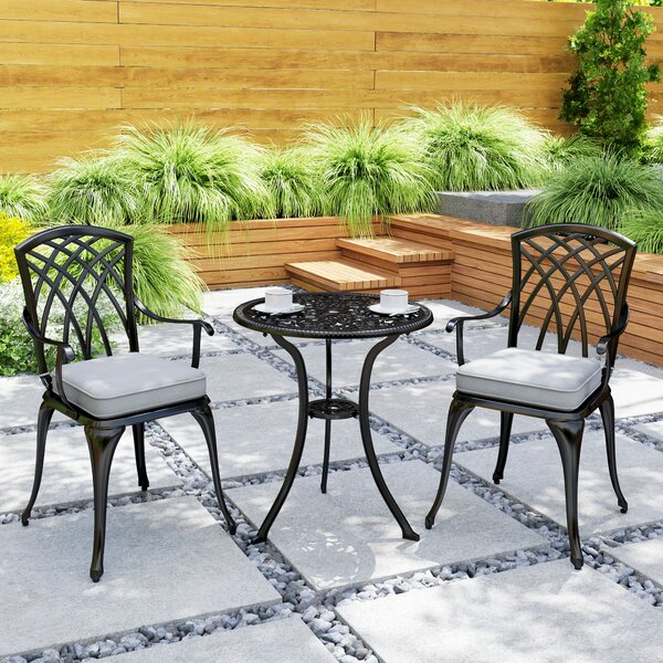 Outsunny 3 Piece Cast Aluminium Garden Bistro Set for 2, Outdoor Coffee Table Set Rust Resistant with Parasol Hole for Garden, Balcony, Black