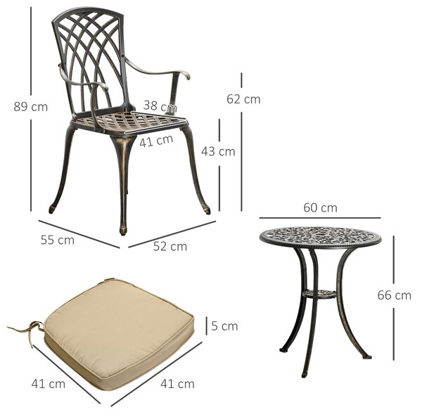 Outsunny Aluminium Bistro Set, Bronze, 3 Piece Garden Furniture with Round Table, Chairs, Parasol Hole and Cushions, Coffee Aosom UK