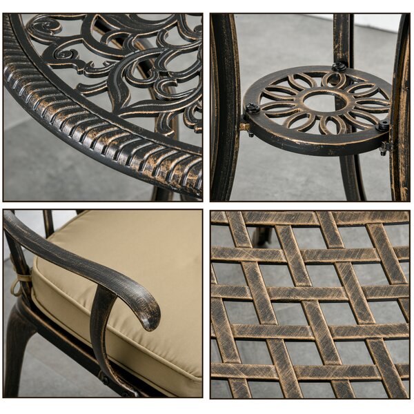 Outsunny Aluminium Bistro Set, Bronze, 3 Piece Garden Furniture with Round Table, Chairs, Parasol Hole and Cushions, Coffee Aosom UK