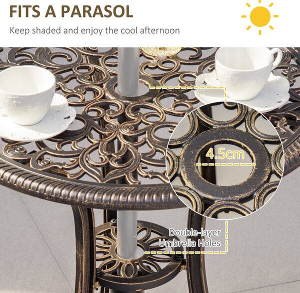 Outsunny Aluminium Bistro Set, Bronze, 3 Piece Garden Furniture with Round Table, Chairs, Parasol Hole and Cushions, Coffee Aosom UK