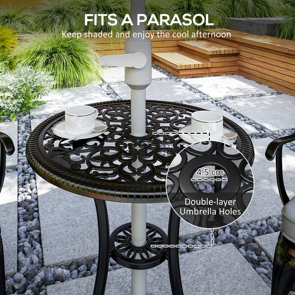 Outsunny 3 Piece Cast Aluminium Garden Bistro Set for 2, Outdoor Coffee Table Set Rust Resistant with Parasol Hole for Garden, Balcony, Black