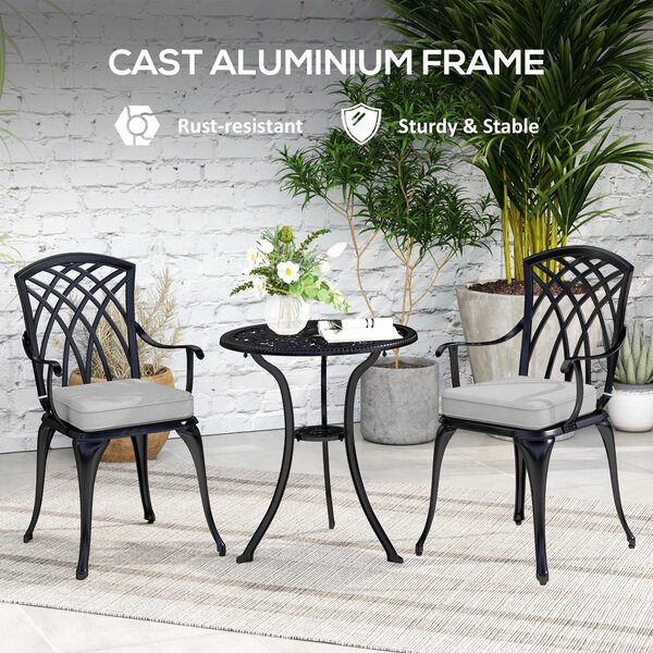 Outsunny 3 Piece Cast Aluminium Garden Bistro Set for 2, Outdoor Coffee Table Set Rust Resistant with Parasol Hole for Garden, Balcony, Black
