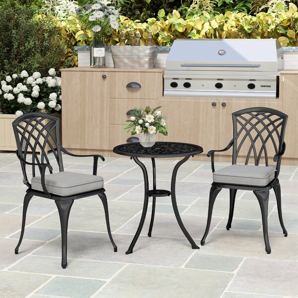 Outsunny 3 Piece Cast Aluminium Garden Bistro Set for 2, Outdoor Coffee Table Set Rust Resistant with Parasol Hole for Garden, Balcony, Black