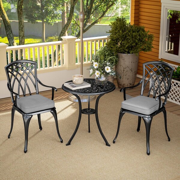 Outsunny 3 Piece Cast Aluminium Garden Bistro Set for 2, Outdoor Coffee Table Set Rust Resistant with Parasol Hole for Garden, Balcony, Black