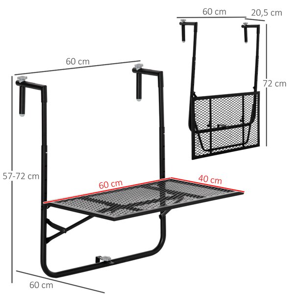 Outsunny Adjustable Folding Balcony Table, Metal Wall Mounted Desk for Patio, Garden, Deck, Black Aosom UK