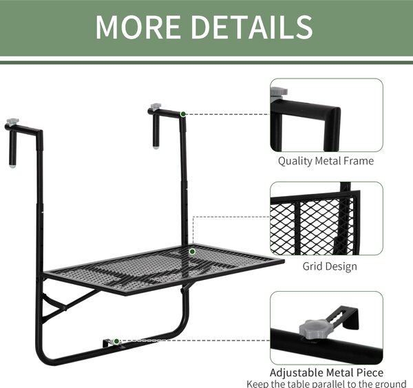 Outsunny Adjustable Folding Balcony Table, Metal Wall Mounted Desk for Patio, Garden, Deck, Black Aosom UK