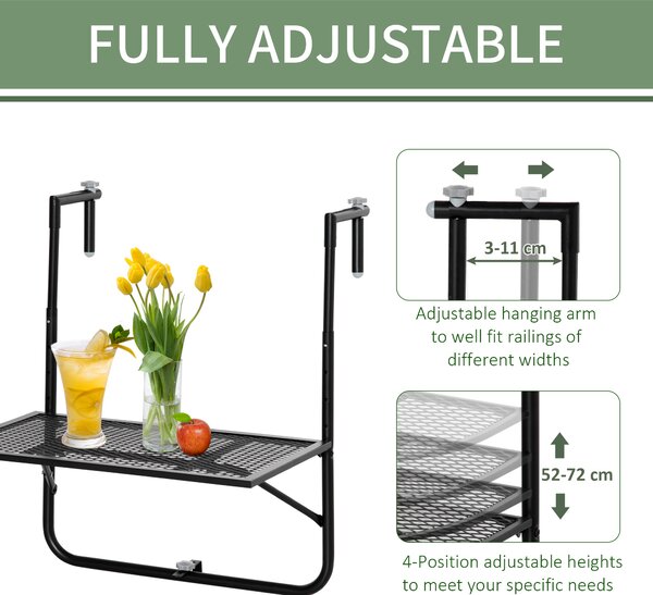 Outsunny Adjustable Folding Balcony Table, Metal Wall Mounted Desk for Patio, Garden, Deck, Black Aosom UK