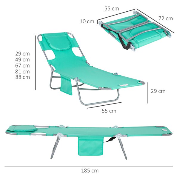 Outsunny Beach Chaise Lounge with Face Cavity & Arm Slots, Portable Sun Lounger, Reclining Lounge Chair for Patio Garden Beach Pool, Green Aosom UK