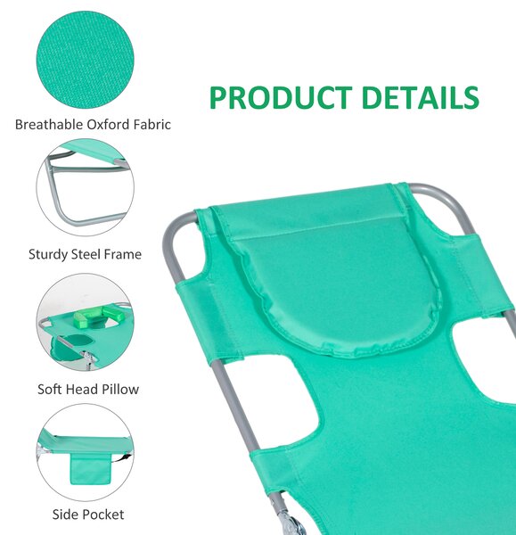 Outsunny Beach Chaise Lounge with Face Cavity & Arm Slots, Portable Sun Lounger, Reclining Lounge Chair for Patio Garden Beach Pool, Green Aosom UK