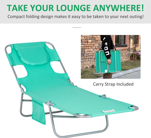 Outsunny Beach Chaise Lounge with Face Cavity & Arm Slots, Portable Sun Lounger, Reclining Lounge Chair for Patio Garden Beach Pool, Green Aosom UK