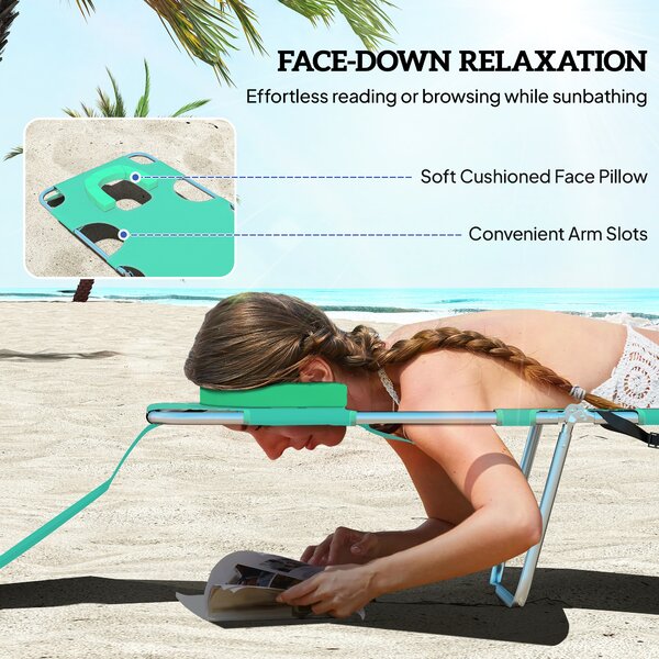 Outsunny Beach Chaise Lounge with Face Cavity & Arm Slots, Portable Sun Lounger, Reclining Lounge Chair for Patio Garden Beach Pool, Green Aosom UK