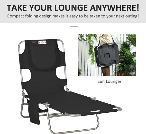 Outsunny Beach Chaise Lounge: Foldable Sun Lounger with Reading Hole, Adjustable Backrest & Side Pocket, Black Aosom UK