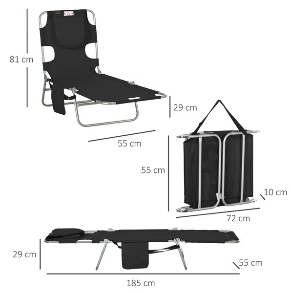 Outsunny Beach Chaise Lounge: Foldable Sun Lounger with Reading Hole, Adjustable Backrest & Side Pocket, Black Aosom UK