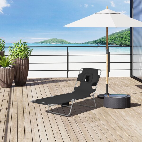 Outsunny Beach Chaise Lounge: Foldable Sun Lounger with Reading Hole, Adjustable Backrest & Side Pocket, Black Aosom UK