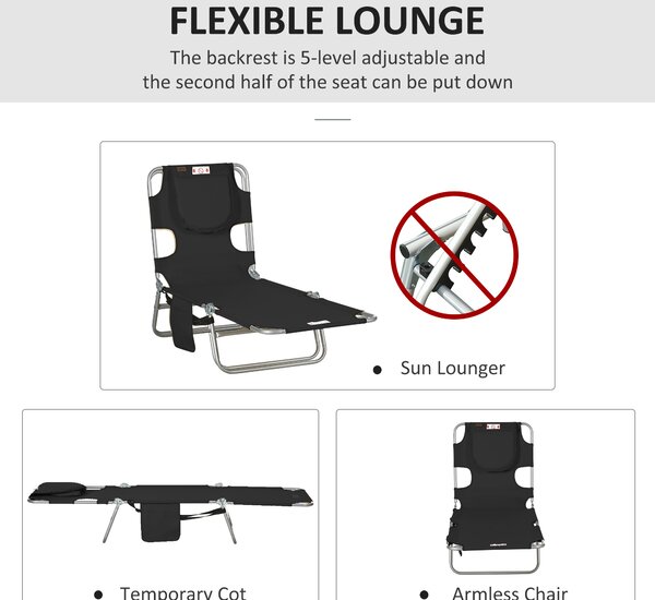 Outsunny Beach Chaise Lounge: Foldable Sun Lounger with Reading Hole, Adjustable Backrest & Side Pocket, Black Aosom UK