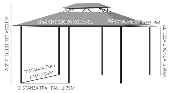 Outsunny 4m x 3(m) Metal Gazebo Canopy Party Tent Garden Pavillion Patio Shelter Pavilion with Curtains Sidewalls, Dark Grey
