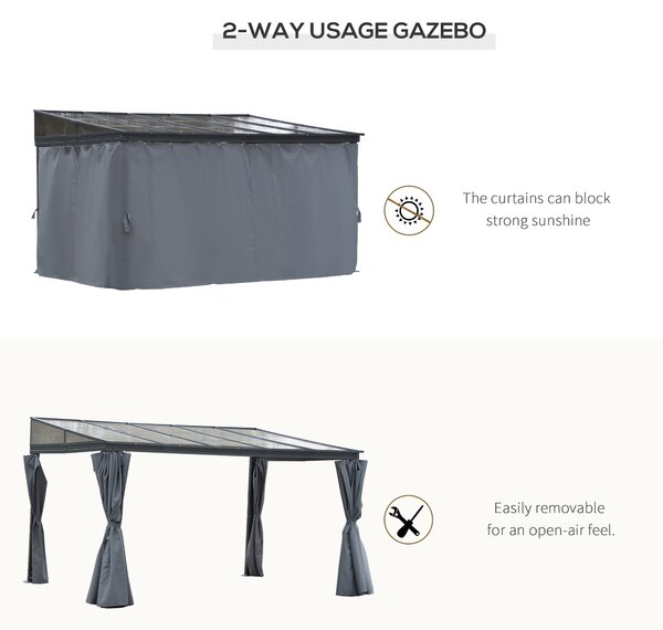 Outsunny 4 x 3(m) Outdoor Hardtop Pergola PC Roof Wall Lean to Aluminium Gazebo Party Tent Garden Sun Shelter Marquee Pavilion with Curtains, Grey