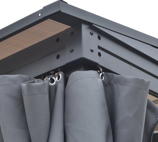 Outsunny 4 x 3(m) Outdoor Hardtop Pergola PC Roof Wall Lean to Aluminium Gazebo Party Tent Garden Sun Shelter Marquee Pavilion with Curtains, Grey