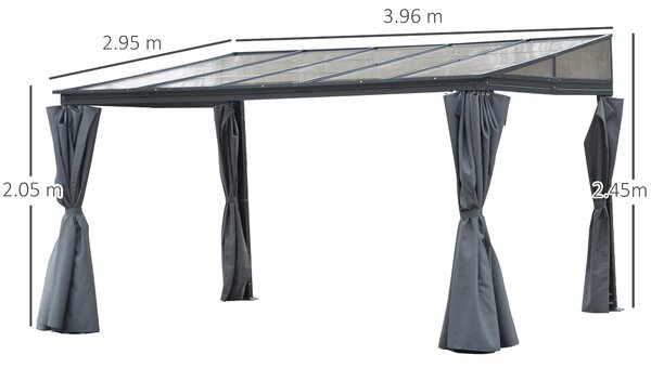 Outsunny 4 x 3(m) Outdoor Hardtop Pergola PC Roof Wall Lean to Aluminium Gazebo Party Tent Garden Sun Shelter Marquee Pavilion with Curtains, Grey