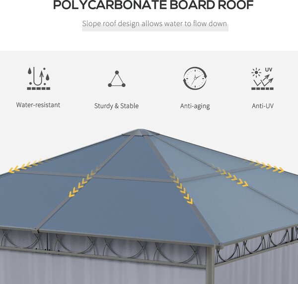 Outsunny 3 x 3(m) Hardtop Gazebo with UV Resistant Polycarbonate Roof, Steel & Aluminum Frame, Garden Pavilion with Curtains, Grey