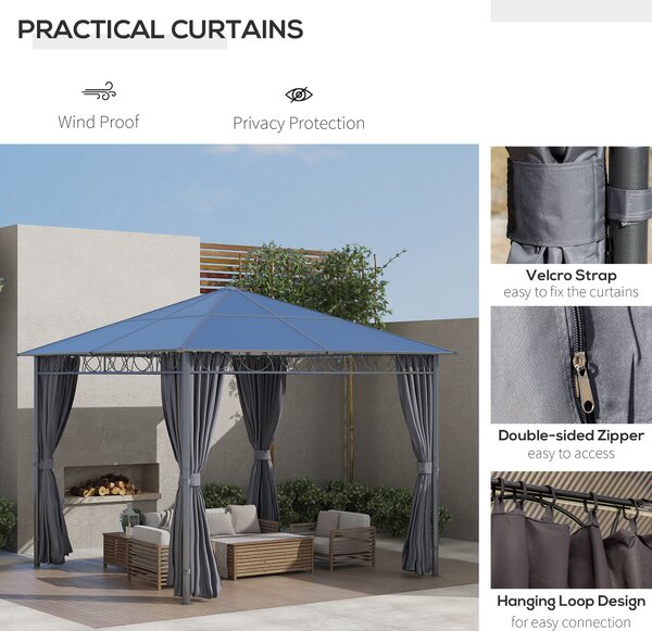 Outsunny 3 x 3(m) Hardtop Gazebo with UV Resistant Polycarbonate Roof, Steel & Aluminum Frame, Garden Pavilion with Curtains, Grey