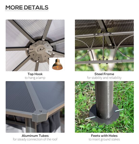 Outsunny 3 x 3(m) Hardtop Gazebo with UV Resistant Polycarbonate Roof, Steel & Aluminum Frame, Garden Pavilion with Curtains, Grey