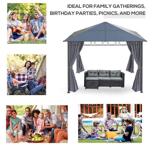 Outsunny 3 x 3(m) Hardtop Gazebo with UV Resistant Polycarbonate Roof, Steel & Aluminum Frame, Garden Pavilion with Curtains, Grey