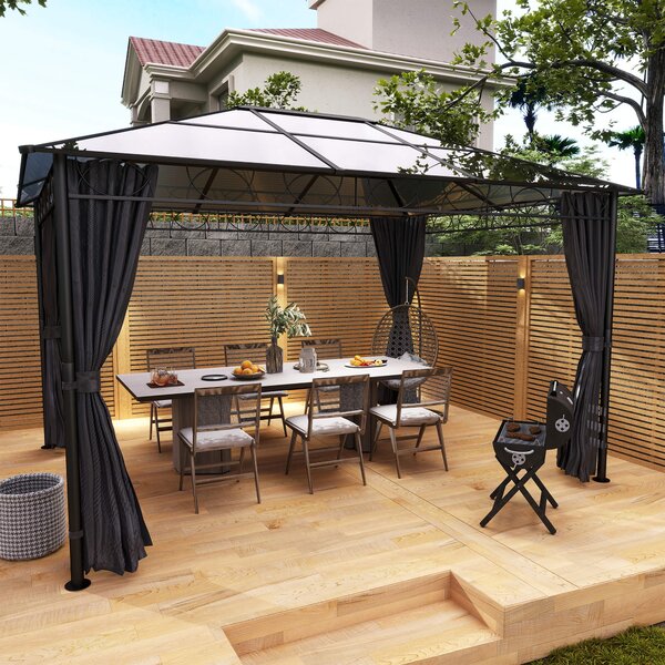 Outsunny 3 x 3(m) Hardtop Gazebo with UV Resistant Polycarbonate Roof, Steel & Aluminum Frame, Garden Pavilion with Curtains, Grey
