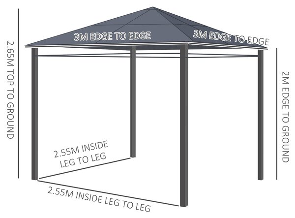 Outsunny 3 x 3(m) Hardtop Gazebo with UV Resistant Polycarbonate Roof, Steel & Aluminum Frame, Garden Pavilion with Curtains, Grey