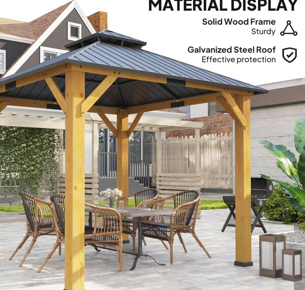 Outsunny 3x(3)M Outdoor Hardtop Gazebo Canopy with 2-Tier Roof and Solid Wood Frame, Outdoor Patio Shelter for Patio, Garden, Grey
