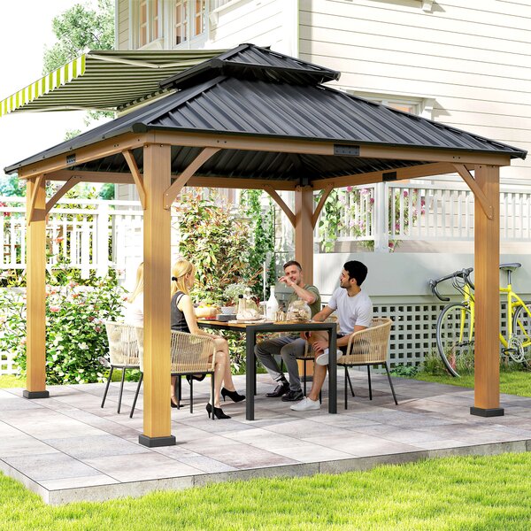 Outsunny 3.5 x 3.5m Outdoor Aluminium Hardtop Gazebo Canopy with 2-Tier Roof and Solid Wood Frame Outdoor Patio Shelter for Patio, Garden, Grey