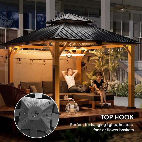 Outsunny 3.5 x 3.5m Outdoor Aluminium Hardtop Gazebo Canopy with 2-Tier Roof and Solid Wood Frame Outdoor Patio Shelter for Patio, Garden, Grey