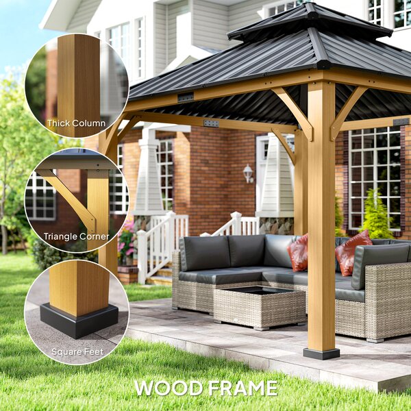 Outsunny 3.5 x 3.5m Outdoor Aluminium Hardtop Gazebo Canopy with 2-Tier Roof and Solid Wood Frame Outdoor Patio Shelter for Patio, Garden, Grey