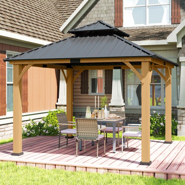 Outsunny 3.5 x 3.5m Outdoor Aluminium Hardtop Gazebo Canopy with 2-Tier Roof and Solid Wood Frame Outdoor Patio Shelter for Patio, Garden, Grey
