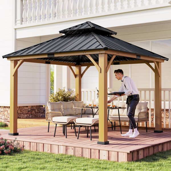 Outsunny 3.5 x 3.5m Outdoor Aluminium Hardtop Gazebo Canopy with 2-Tier Roof and Solid Wood Frame Outdoor Patio Shelter for Patio, Garden, Grey