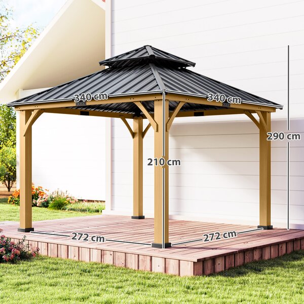 Outsunny 3.5 x 3.5m Outdoor Aluminium Hardtop Gazebo Canopy with 2-Tier Roof and Solid Wood Frame Outdoor Patio Shelter for Patio, Garden, Grey