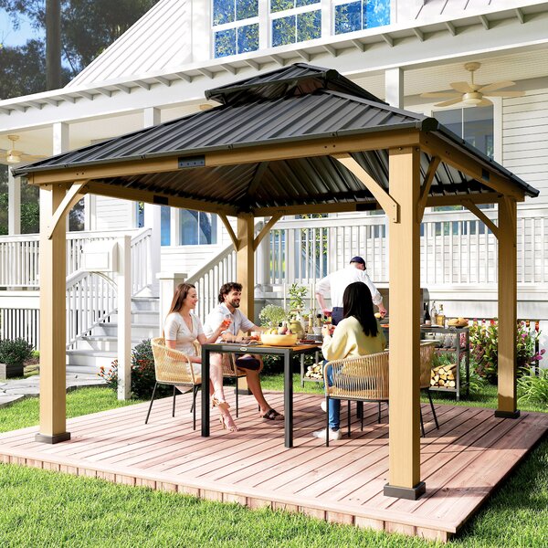 Outsunny 3.5 x 3.5m Outdoor Aluminium Hardtop Gazebo Canopy with 2-Tier Roof and Solid Wood Frame Outdoor Patio Shelter for Patio, Garden, Grey