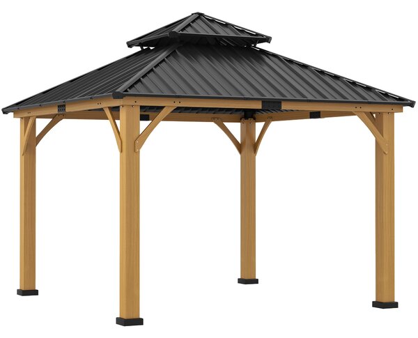 Outsunny 3.5 x 3.5m Outdoor Aluminium Hardtop Gazebo Canopy with 2-Tier Roof and Solid Wood Frame Outdoor Patio Shelter for Patio, Garden, Grey