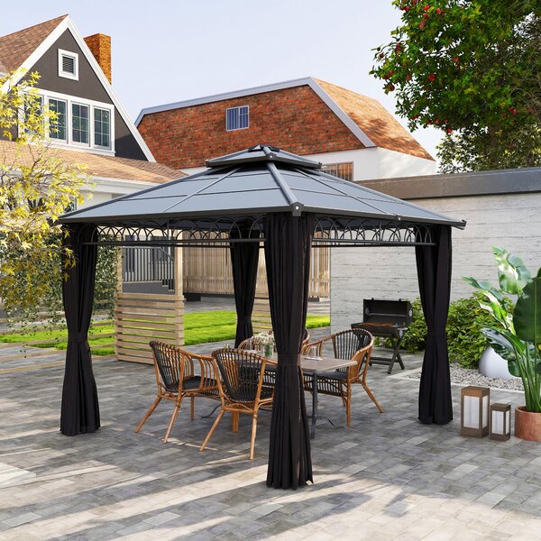 Outsunny 3 x 3m Outdoor Polycarbonate Gazebo, Double Roof Hard Top Gazebo with Nettings & Curtains for Garden, Lawn, Patio and Deck, Dark Grey